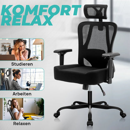 WOTSTA Ergonomischer Bürostuhl mit atmungsaktiver Rückenlehne und verstellbaren Kopfstützen-Armlehnen, gepolstertem Sitz, ideal für Arbeit und Studium