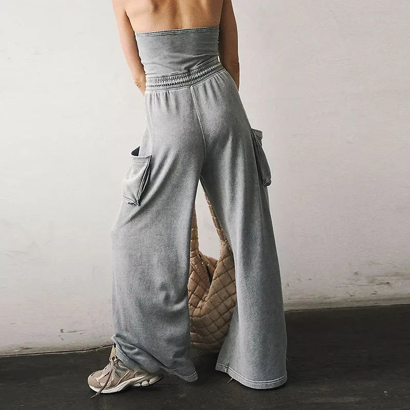 Stylish New Backless Sleeveless Commute Playsuits Women Tube Top Wide Leg Drawstring Rompers Elegant Solid Color Pocket Jumpsuit.