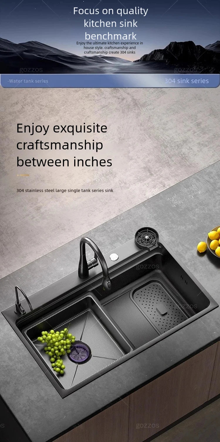 Black 304 Stainless Steel Kitchen Sink Household Multifunction Wash Dish and Vegetables Basin Large Single Slot Undermount Basin