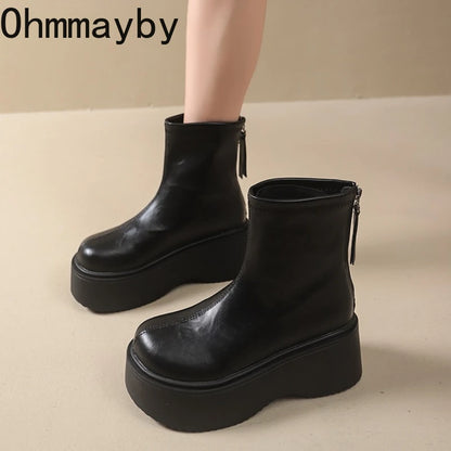 Autumn Winter Chunky Heel Women Short Boots Vintage Round Toe Platform Shoes Ladies Short Plush Gothic Ankle Booties.