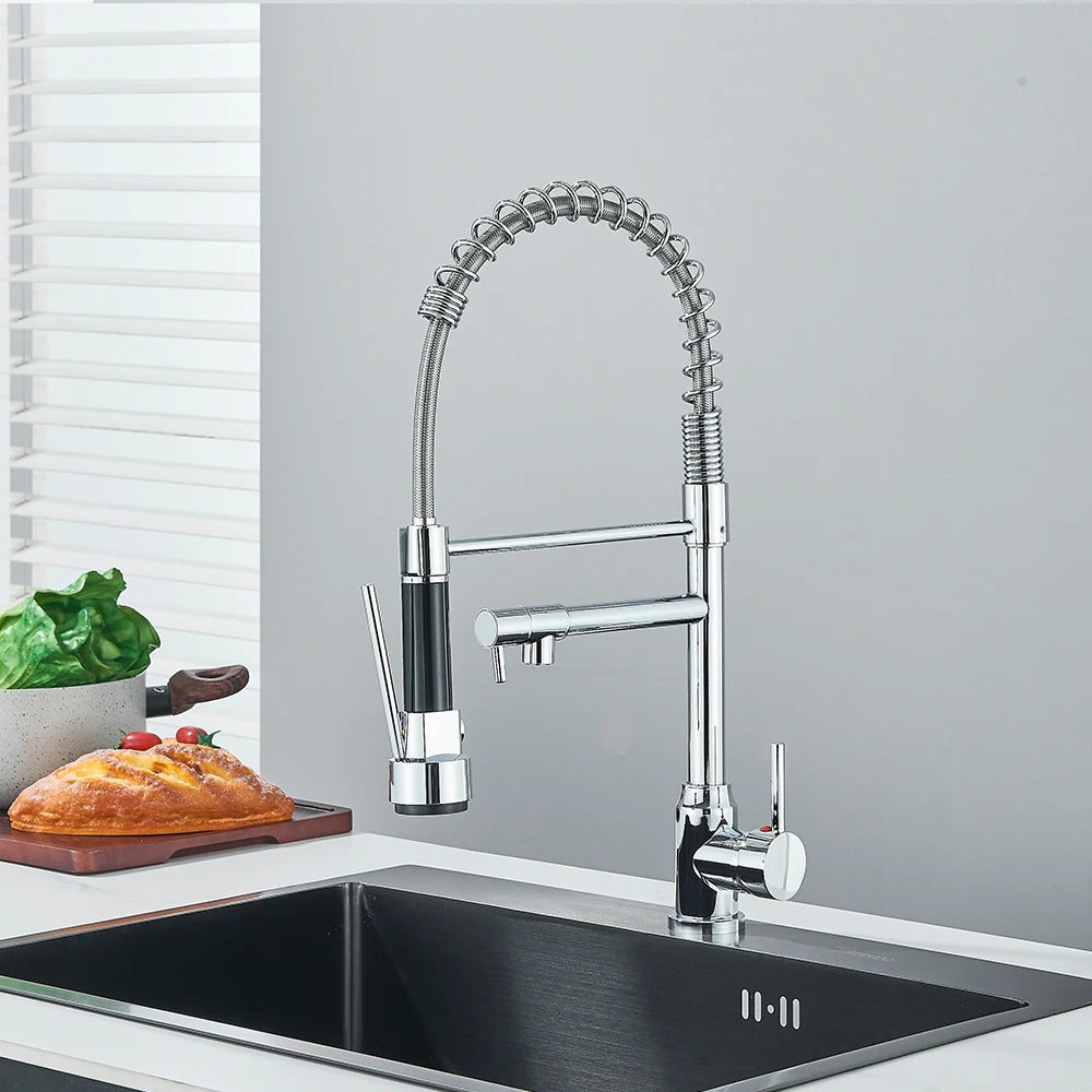 Chrome Brass Kitchen Sink Faucet Pull Down Hot and Cold Water Mixer2 Mode Tap with Dual Spout 360 Rotation Flexible Deck Mounted