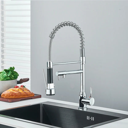 Chrome Brass Kitchen Sink Faucet Pull Down Hot and Cold Water Mixer2 Mode Tap with Dual Spout 360 Rotation Flexible Deck Mounted