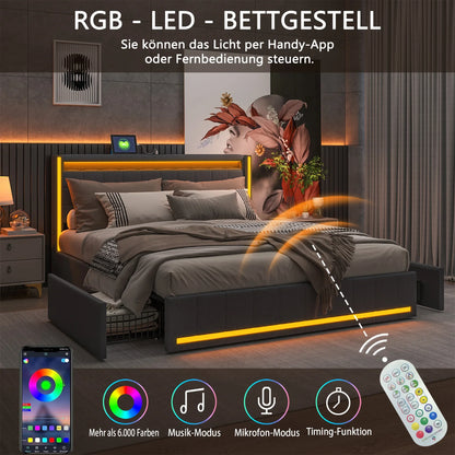 Lazyspace Leinen-Polsterbett mit 4 Schubladen, moderner Doppelbettrahmen mit LED-Beleuchtung und USB-Ladeanschluss, funktionelles Bett