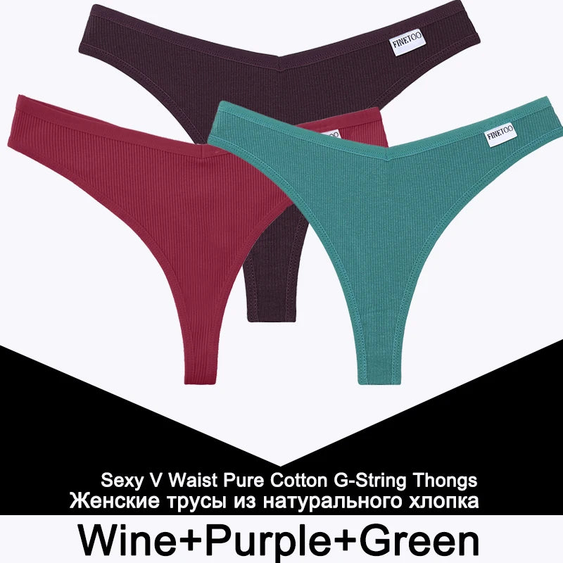 FINETOO 3PCS/Set G-string Panties Cotton Women's Underwear Sexy Panty Female Underpants Thong Solid Color Lingerie T-Back Design