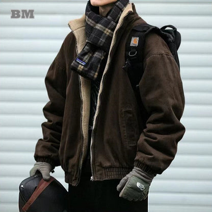 Japanese Vintage Polar Fleece Jacket Men Winter High Quality Thick Jacket Korean Streetwear Loose Couple Trendy Warm Coat Male.