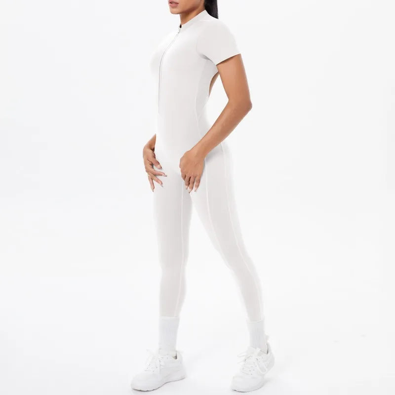 New Women's Yoga Jumpsuit Front Zipper Tight Back Hollow Out Short Sleeve-pants Activewear for Fitness Running Gym Workout.
