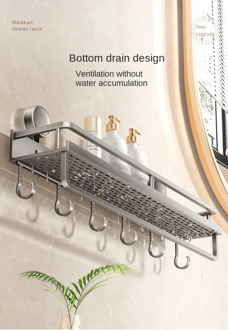 Bewegliches Badezimmerregal ohne Bohren – 30/40/50 cm Saugnapf-Organizer mit Haken/Stange, einfach zu installieren und zu reinigen, wasserdichtes Toilettenregal