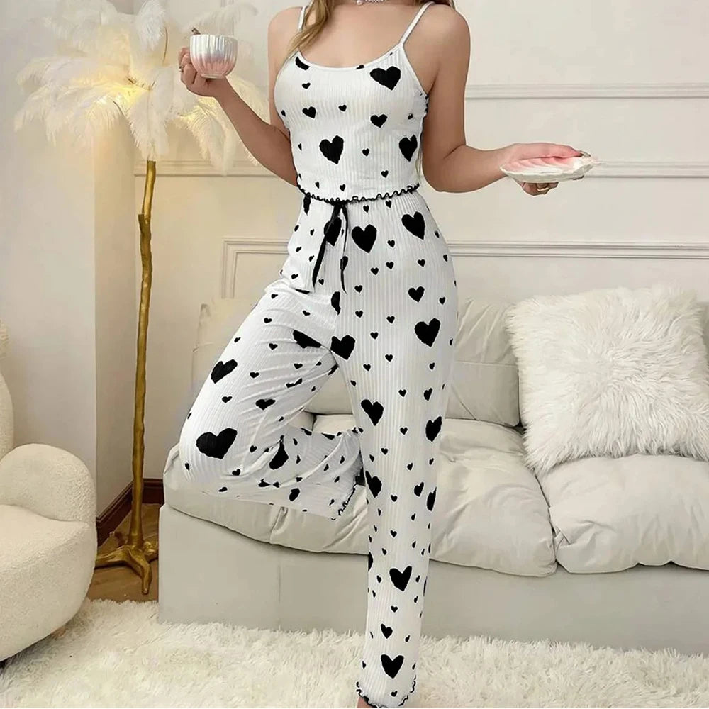 Winter Home Clothes Heart Pattern Strap Vest Women's Sleepwear Two-Piece Set Can Be Worn outside Long Pants warm for Women.