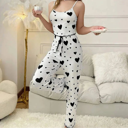 Winter Home Clothes Heart Pattern Strap Vest Women's Sleepwear Two-Piece Set Can Be Worn outside Long Pants warm for Women.