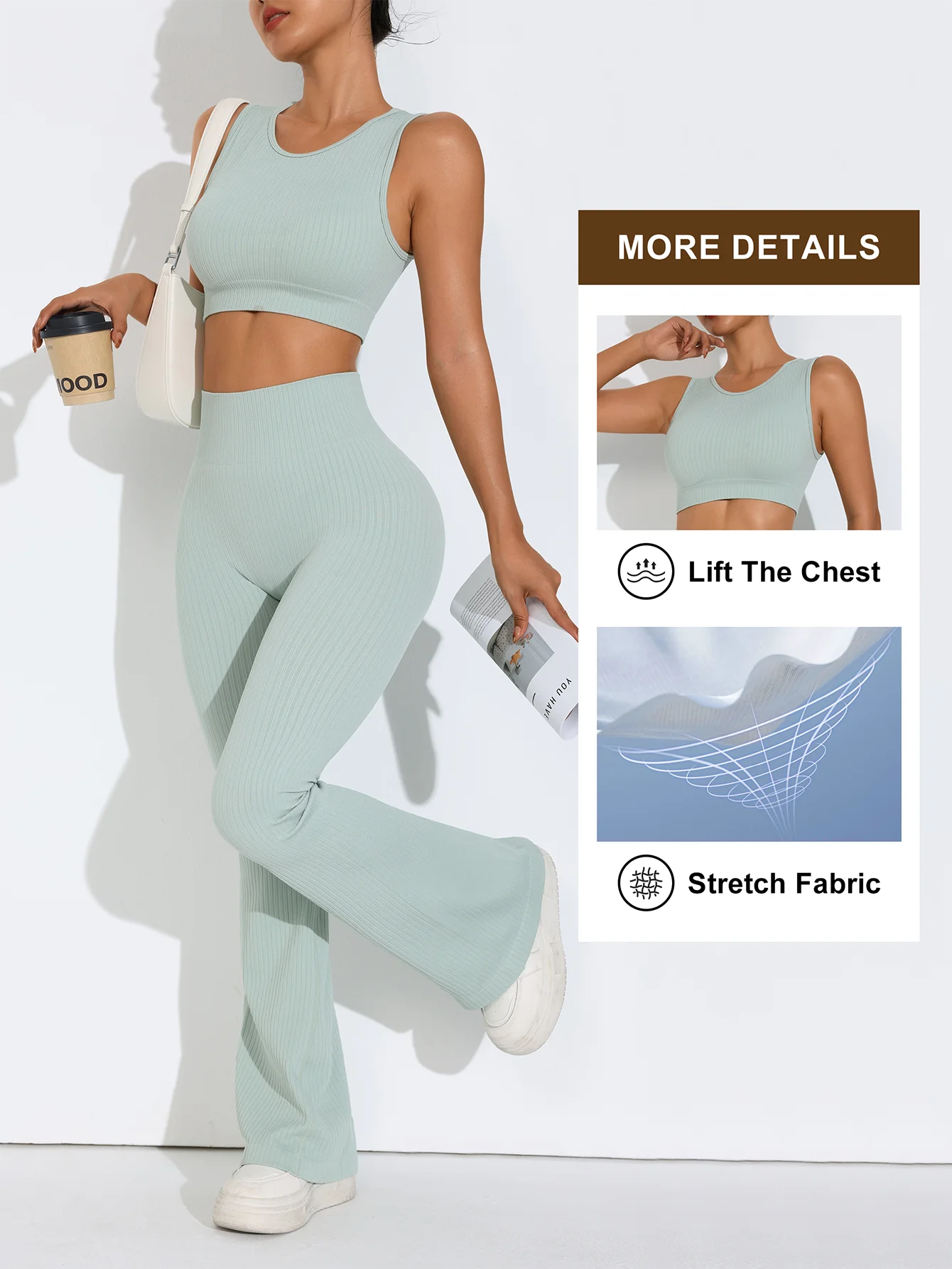2 pcs/set Seamless Flare Pants Set Ribbed Tank Top Outfit Women's Clothing Breathable Flared Trousers Yoga-to-Street Athleisure.