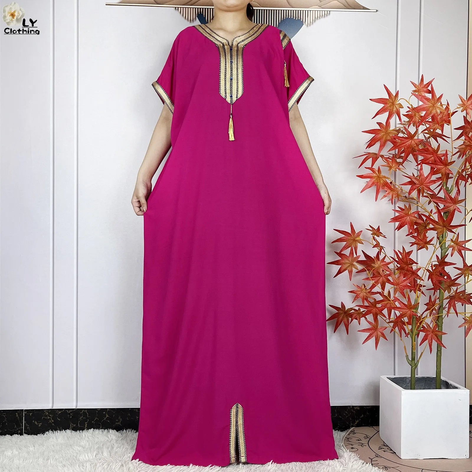 New Muslim Abayas Summer Short Sleeve African Dashiki Tassels Cotton Loose Caftan Lady Maxi Islam Casual Dresses With Headscarf.