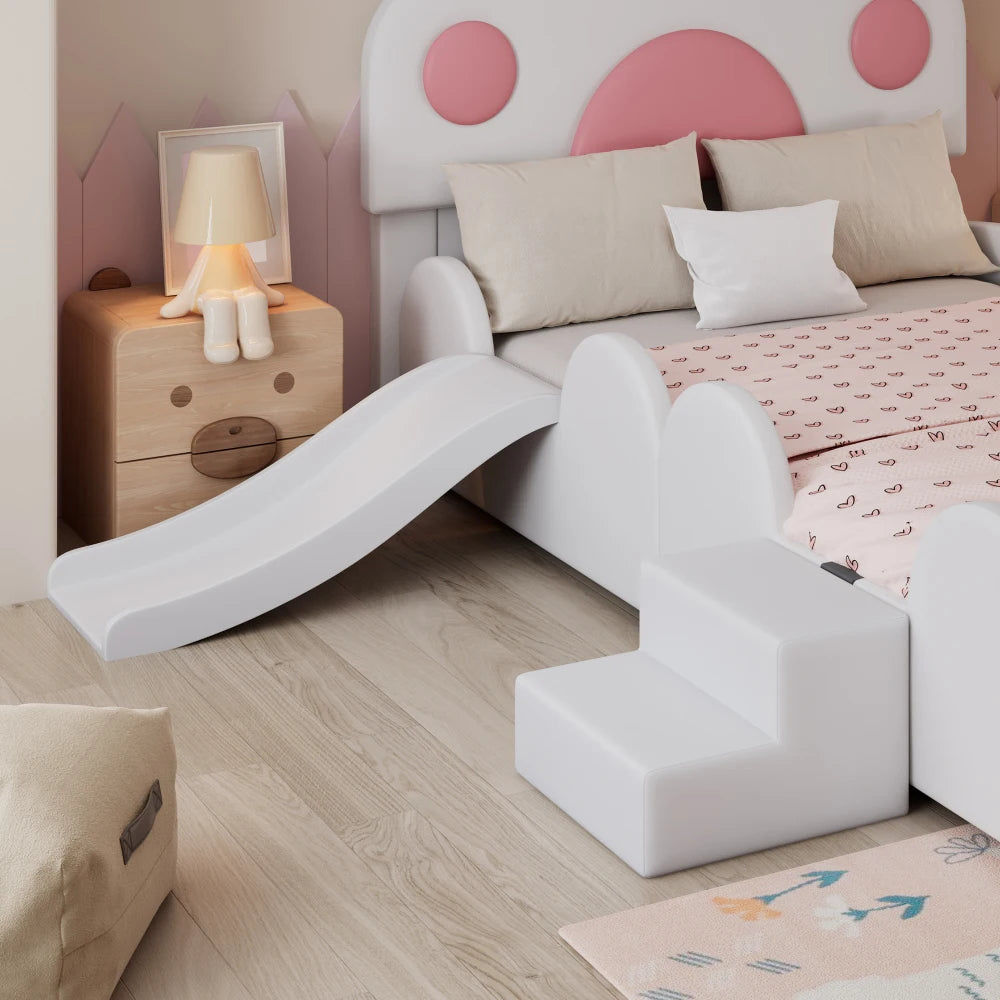 Cartoon süßes rosa Prinzessinnenbett, gepolstertes Bett, 90 x 200 cm, mit Kinderrutsche und zweistufiger Leiter, für Mädchenschlafzimmer