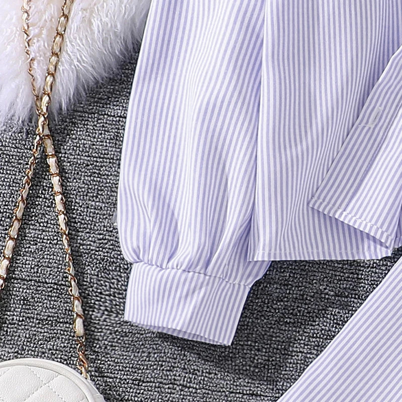 Spring Hot Sale Kids Outfit 4-12 Years Girls Striped Long Sleeve Chemise + Casual Loose Straight Leg Pants Shirt Suit 2Pcs Set.