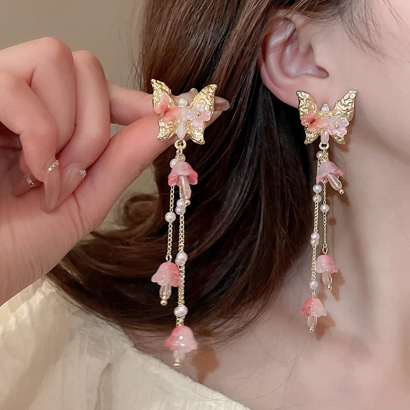 Pink Butterfly Earrings With Long Tassel Sparkly Zircon Crystal Imitation Pearl Beads Earrings Light Luxury Party Ear Jewelry.
