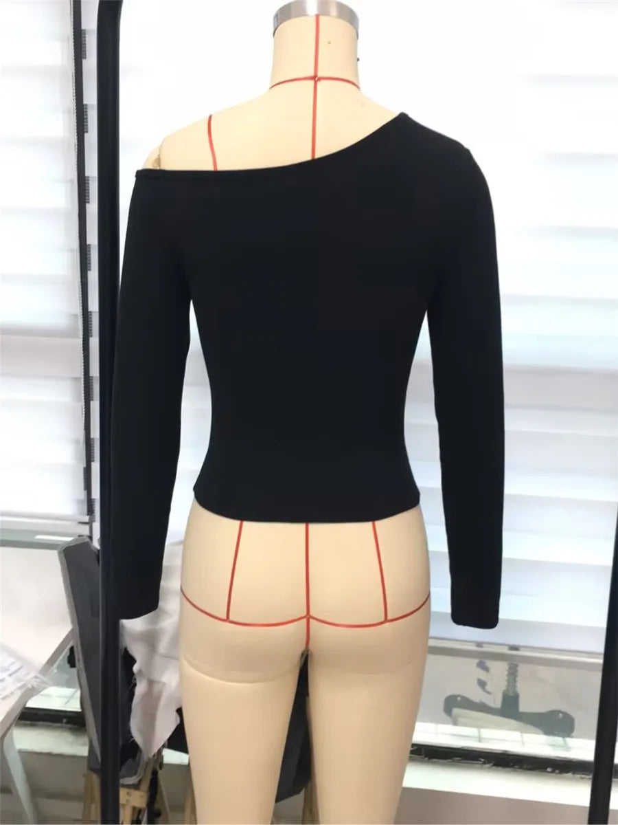 Women's One Shoulder Pullover Tops Slim Fit Solid Color Slash Neck Long Sleeve Showing Navel Asymmetrical Basic Shirt for Fall.