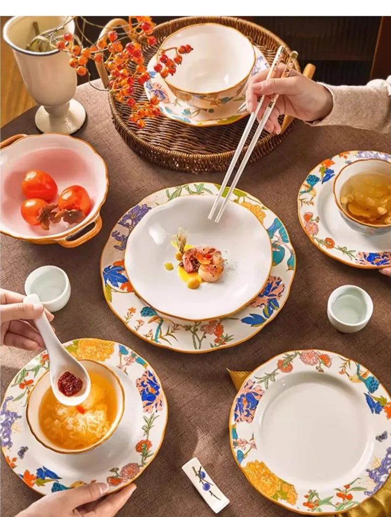 1PC Chinese-style Ceramic Plates New Flower-patterned Dinner Plates Ceramic Fruit Salad Plates Exquisite Kitchen Accessories.