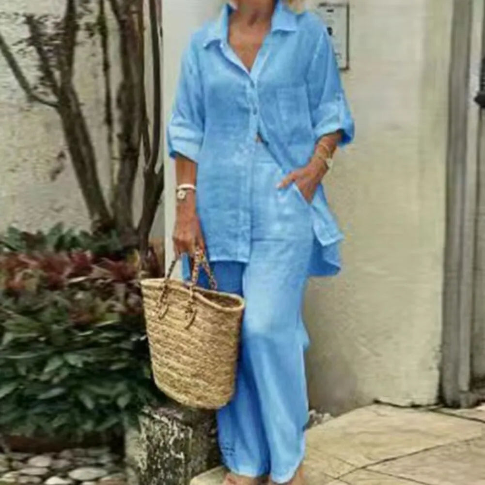 Elegant Solid Cotton Linen Shirt 2 Piece Set For Women Casual Outfits Autumn Long Sleeve Pocket Top Wide Leg Pants Suits Female.