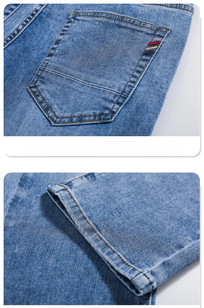 Spring Summer Thin Slim Fit Jeans Mens Elastic Straight Casual Business Denim Pants Washed Classic Brand Clothing Men Trousers