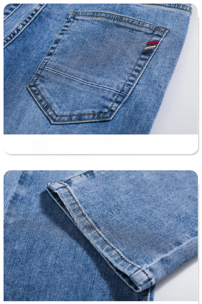 Spring Summer Thin Slim Fit Jeans Mens Elastic Straight Casual Business Denim Pants Washed Classic Brand Clothing Men Trousers