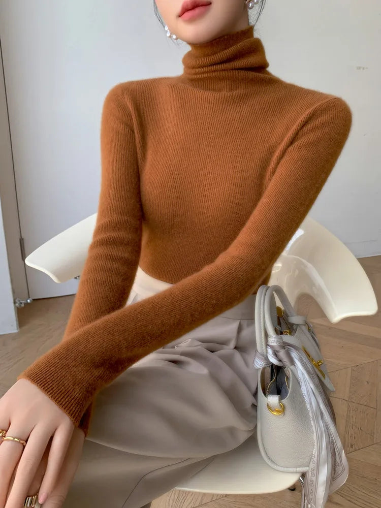 2025 herbst Winter Rollkragen Warme Jumper Lässig Feste Dünne Strickjacke Frauen Langarm Gestrickte Pullover Einfache Basis Schicht Top