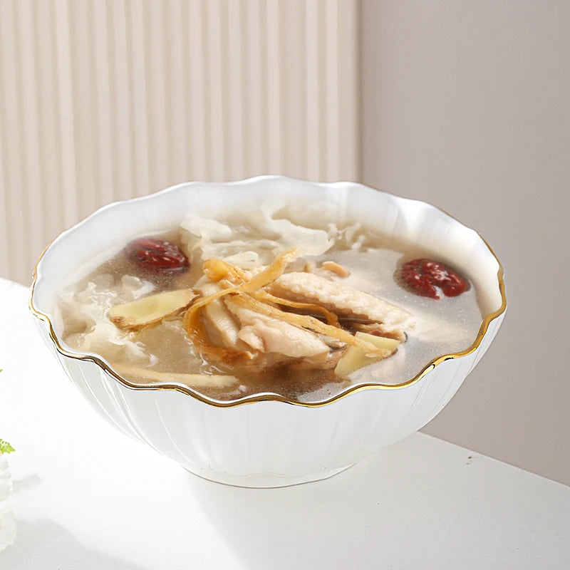 European high-end gold edged ceramic bowl, fruit salad bowl, household breakfast rice noodle bowl, hotel restaurant tableware.