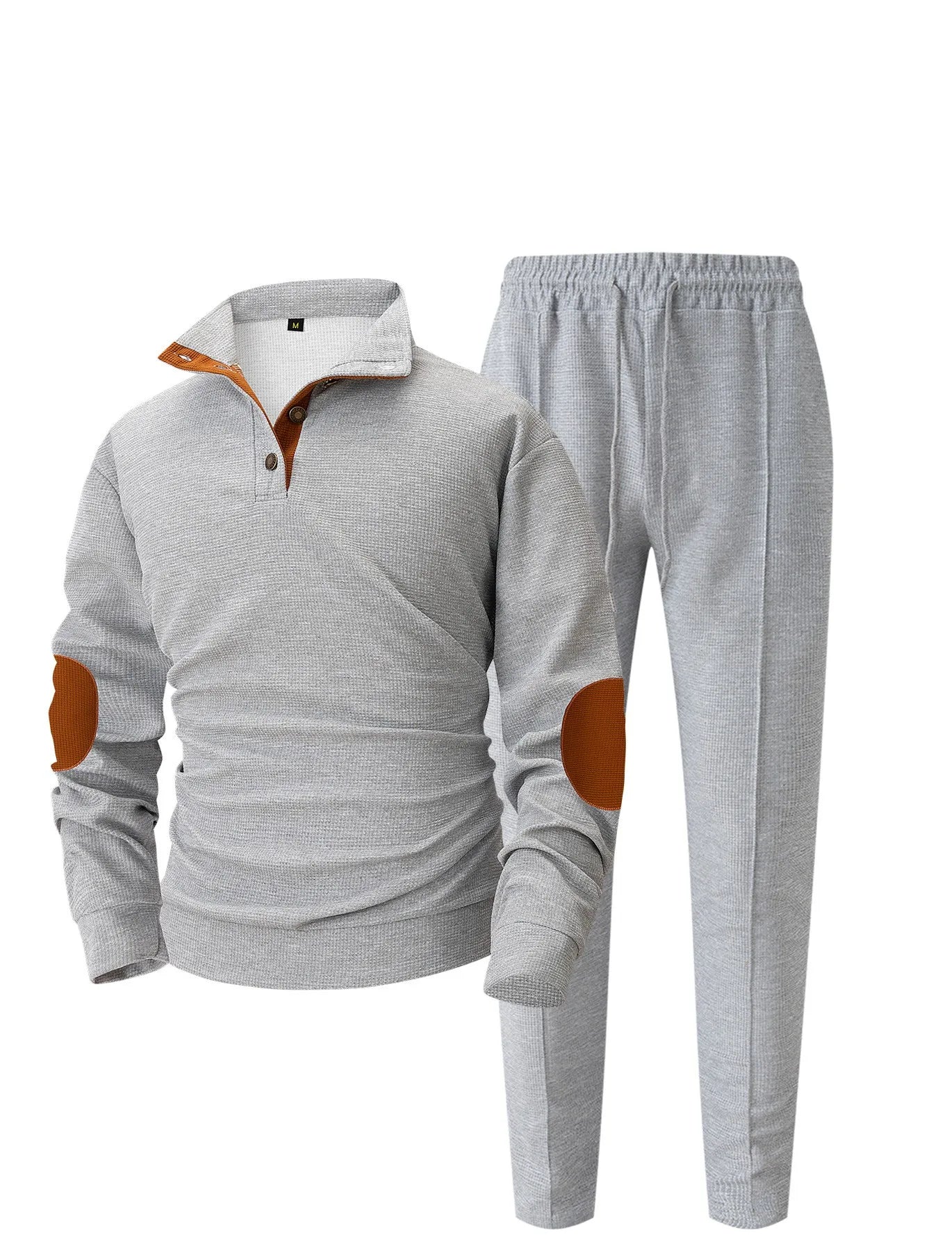 Men's new autumn style American stand-up collar button elbow patch color-block long-sleeve hoodie and pants set.