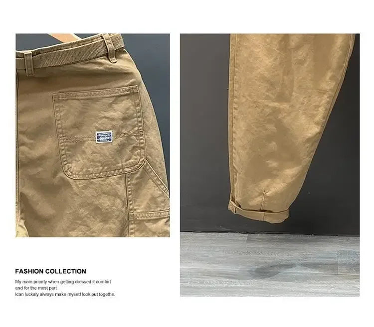 Autumn Summer Wide Leg Cotton Work Trousers Men's Cone Straight Loose Wear Resistant Pocket Pants Retro Wash Casual Workwear.