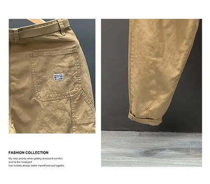 Autumn Summer Wide Leg Cotton Work Trousers Men's Cone Straight Loose Wear Resistant Pocket Pants Retro Wash Casual Workwear.