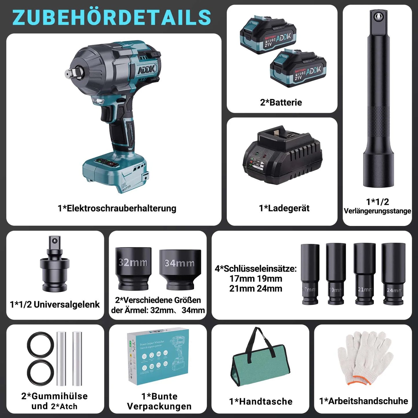 Anajqaqia Elektroschraubenschlüsselsatz, 1600 Nm 6-Gang-Einstellung, 4000 mAh Akku, 21 V Lithium-Akku-Elektroschrauber, Elektrowerkzeuge