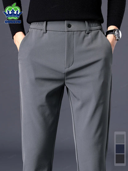 Autumn Winter Casual Pants Men Thick Business Stretch Slim Elastic Waist Jogger Outdoors Korean Classic Grey Black Trousers Male.