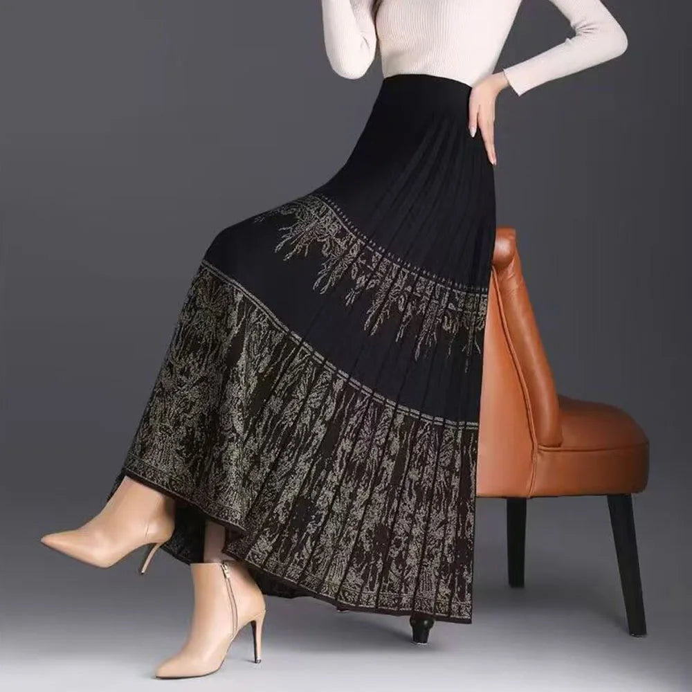 FairyShely Pleated Knitted Skirt For Women 2025 Autumn Winter Warm High Waist Long Skirts Ladies Plus Size Black A-line Skirt.