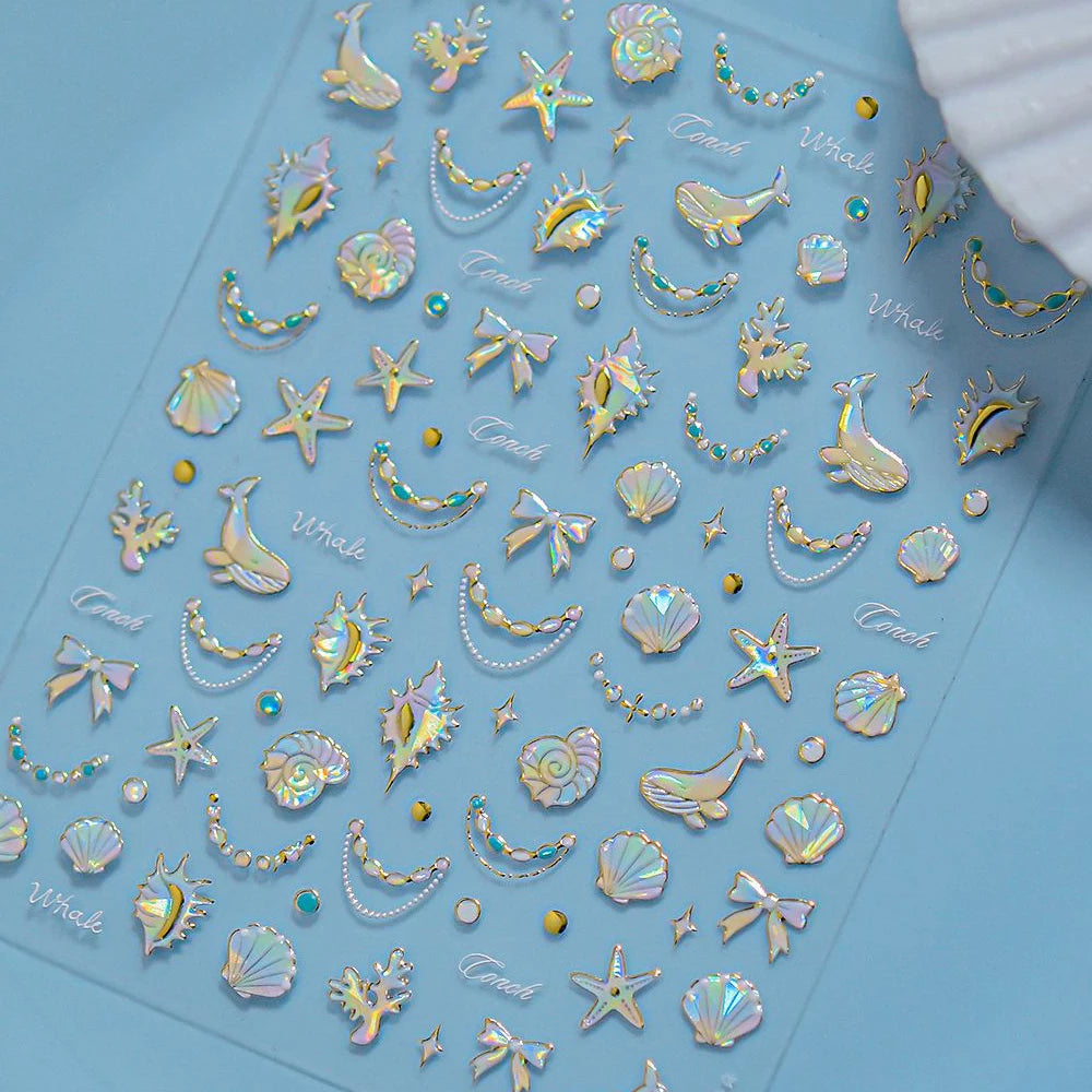 Ocean Theme 5D Nail Sticker Summer Beach Seashells Starfish Conch Scallop Shell Coral Self Adhesive Decoration Manicure Decal.