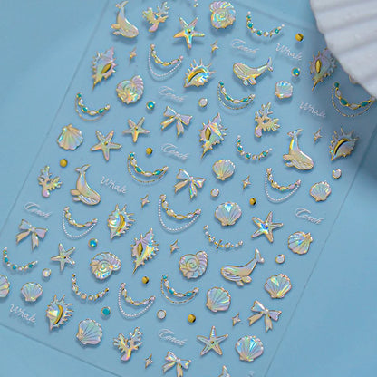 Ocean Theme 5D Nail Sticker Summer Beach Seashells Starfish Conch Scallop Shell Coral Self Adhesive Decoration Manicure Decal.