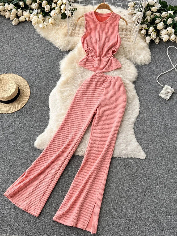 Korean Suits Women's Two Piece Set Summer Slim Fit Sleeveless O-neck Tops High Waist Slits Trousers Two-piece Suit Female D1109