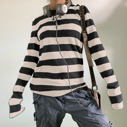 Women Fairy Grunge Knit Basic Shirt Autumn Y2K Grey Black Striped Long Sleeve Round Neck Tops Emo Tee.