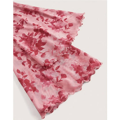 Summer Women's Y2k Floral Printed Sweet V-Neck T-shirts Mesh Beach Party Dress Top Flare Sleeve Square Collar Lace Up Shirt 2025.