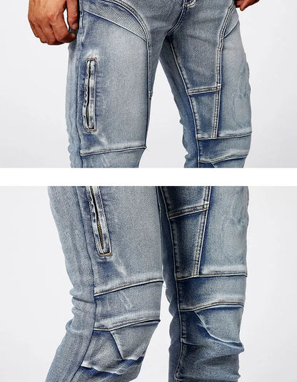 Two tone distressed patchwork jeans for men trendy jeans for summer thin straight leg pants slim fit small leg distressed jeans.