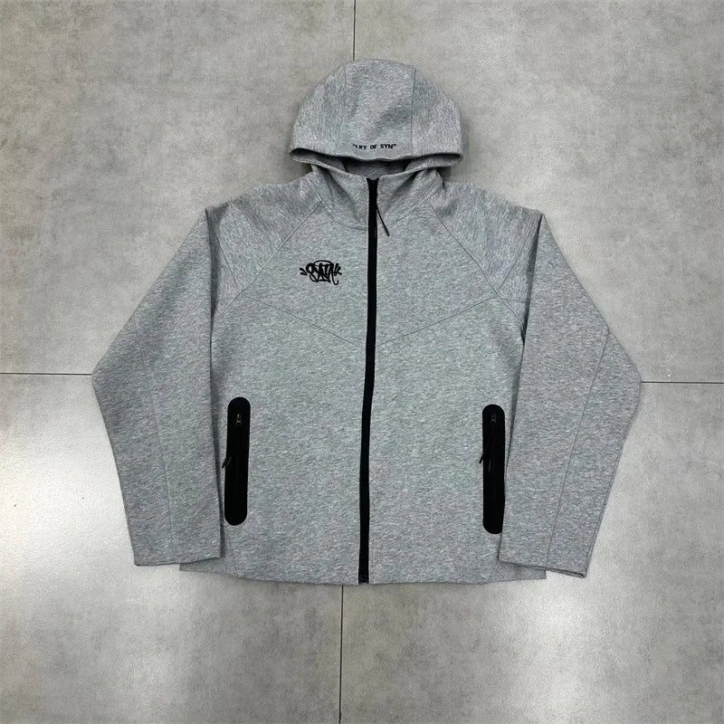 Casual Embroidered Fleece Lined Open Cardigan Hooded Zipper Pants Set for Men And Women Color Block Design by Syna