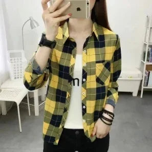 2024Spring and Autumn New College Style Women's Long sleeved Bottom Top Cardigan Long sleeved Fashion Plaid Shirt.