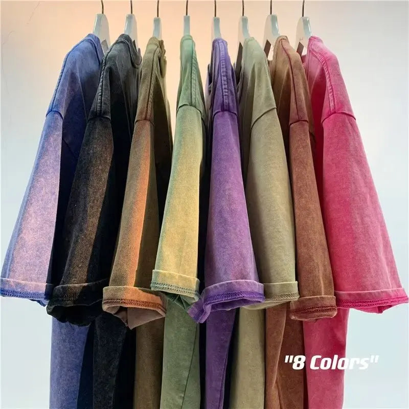 American Style Retro Heavyweight Solid Color Short Sleeved T-shirt Men Women Summer Street Trendy Washed Old Oversized Clothes.
