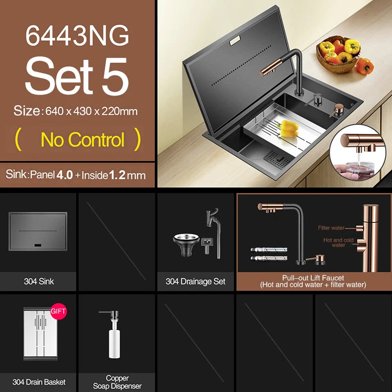 Nanometer Black Hidden kitchen Sink SUS 304 Stainless Steel 4mm Thickness Flip Cover Hidden Handmade kitchen Sinks