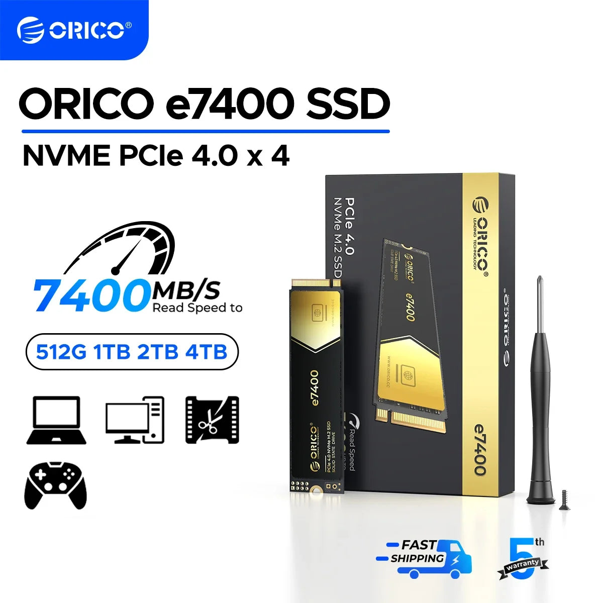 ORICO Gaming PCIe4.0 M.2 NVMe SSD PS5 7400MB/S Internal Solid State Drive Gen4 for High End Computing Gamer Heavy Duty Works.