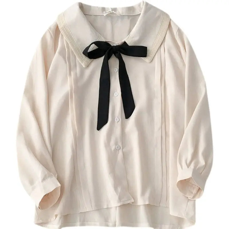 Large Size Niche Design Sense Single-breasted Women Shirt Autumn New Korean Lace-up Bow Blouse Female Solid Color Women Shirt.