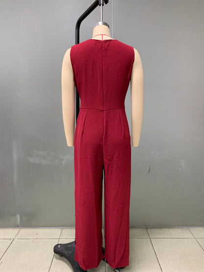 Summer High Waist Lace-up Jumpsuits Women 2025 New Sleeveless V-neck Side Pocket Solid Casual Jumpsuit Office Ladies Rompers.