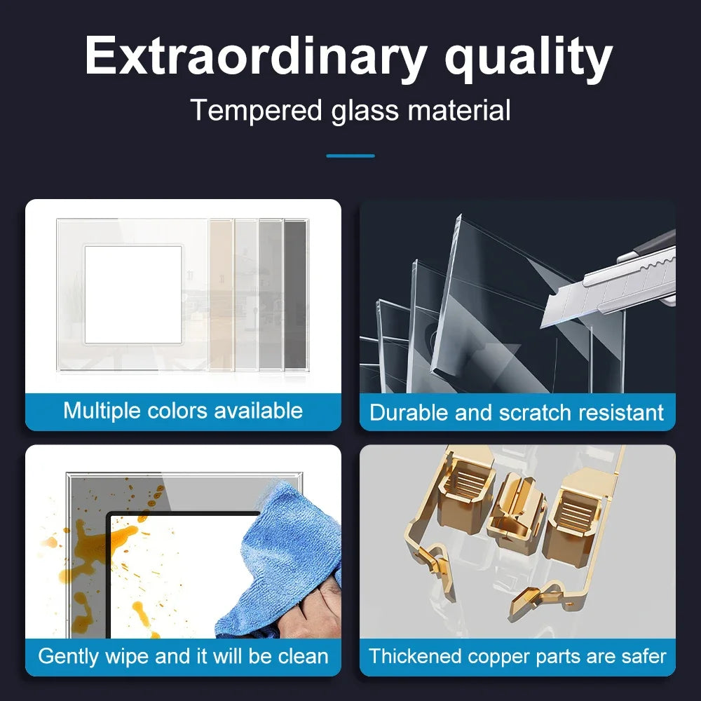 SRAN F6 Serie mehrere Rahmen schwarze Panel aus gehärtetem Glas, EU FR UN-Steckdosen und Schalter Dimmer-Lüfter-Fußlampe Rj45 RJ11Module DIY.