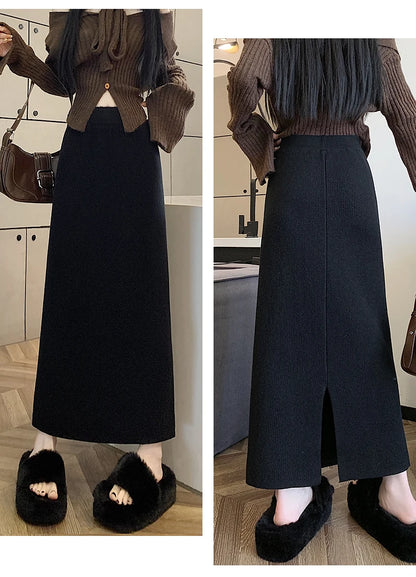 2025 New Thick Knit Midi Skirt High Waisted Straight Hem Bodycon Pencil Skirts for Petite Women Cozy Fall Winter Fashion.