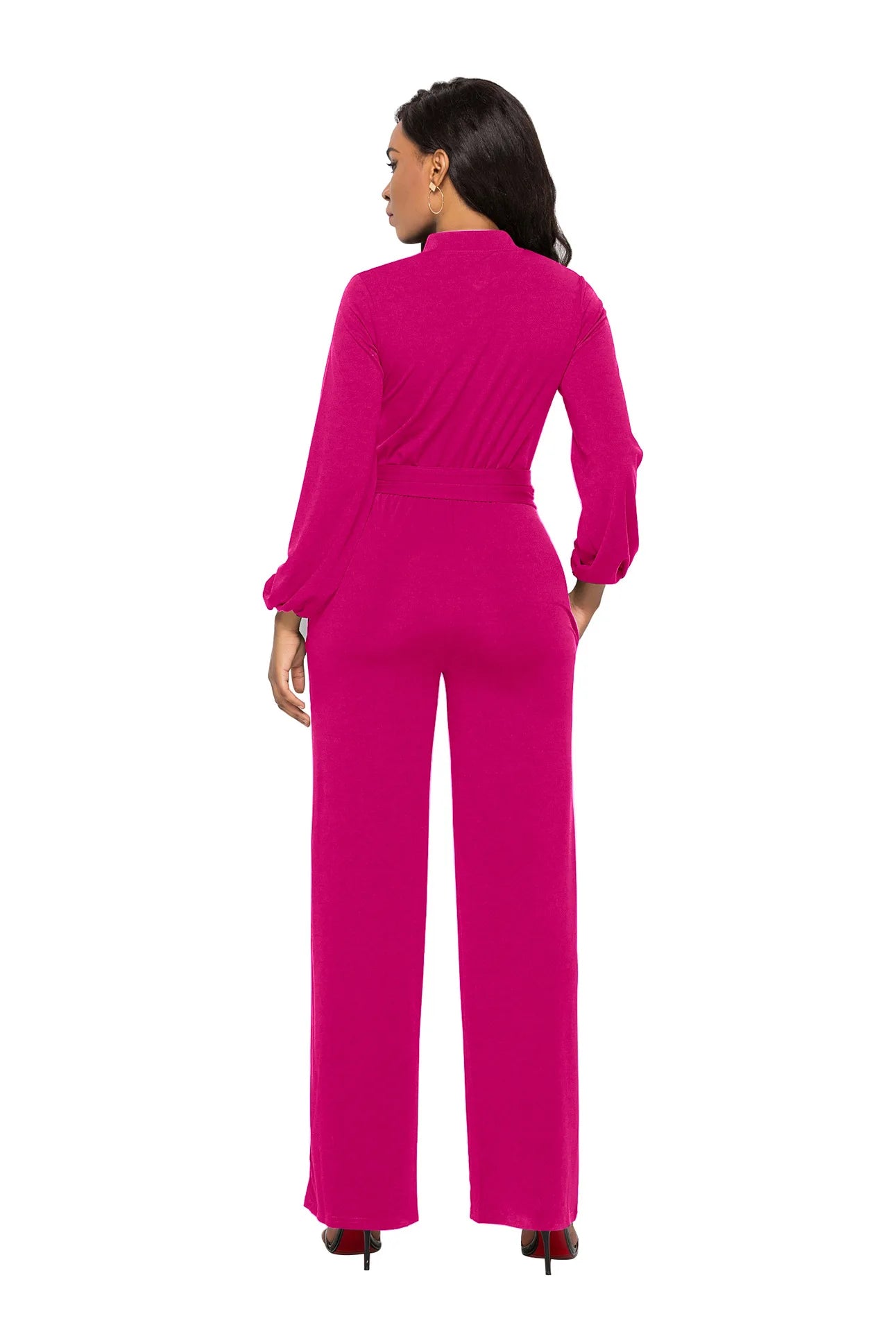 Temperament Solid Color Slim Jumpsuits Women Fashion Long Sleeve Buttons High Waist Leace-up Jumpsuit Ladies Commuting Clothing.