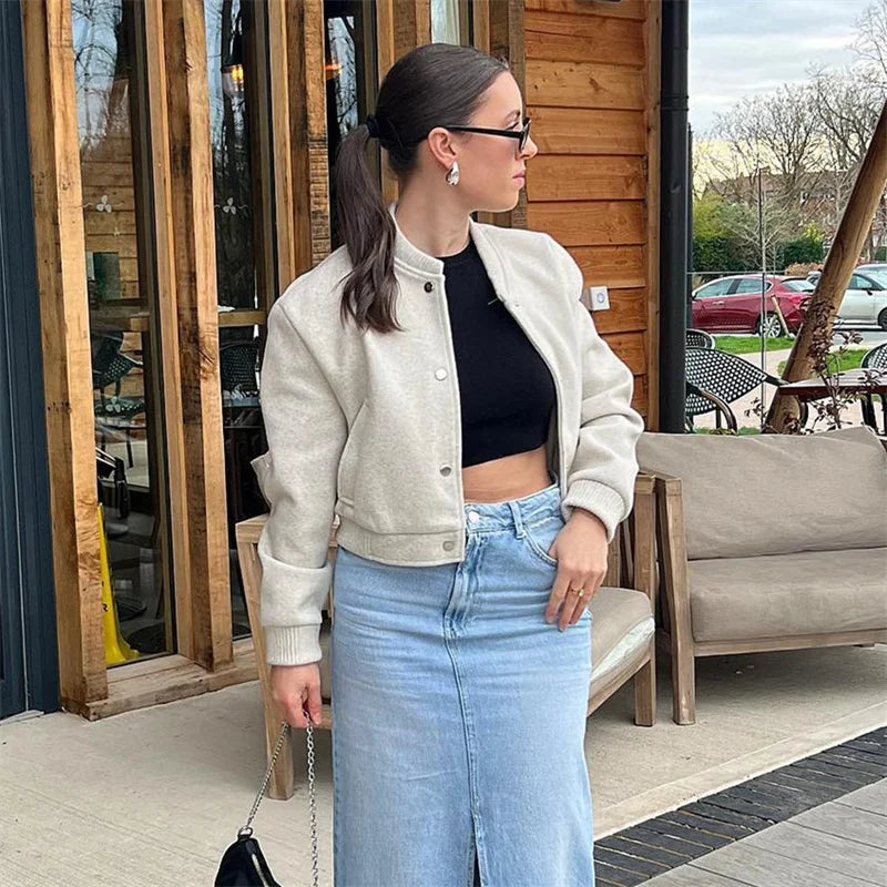 MUJER 2025, Damenjacke, abgeschnittene Bomberjacken für Damen, beige, schwarz, Tweed-Jacke, Damenmode, langärmelig, neu in kurzen Mänteln.