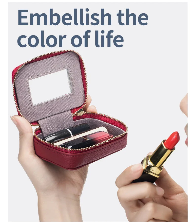 Lipsticks Case with Built-In Mirror Mini Cosmetic Bag Zipper Makeup Organizer Coin Pouch Travel Contact Lens Case Lipstick Purse.
