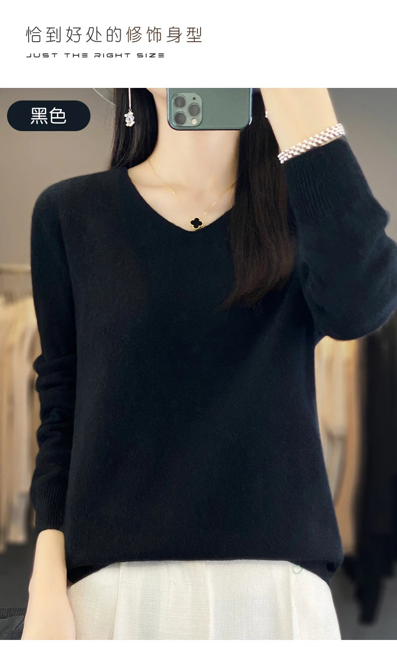 Women 100% Merino Wool Sweater V-Neck Basic Pullover Autumn Winter Cashmere Clothing Long Sleeve Soft Knitwear Tops Solid Color
